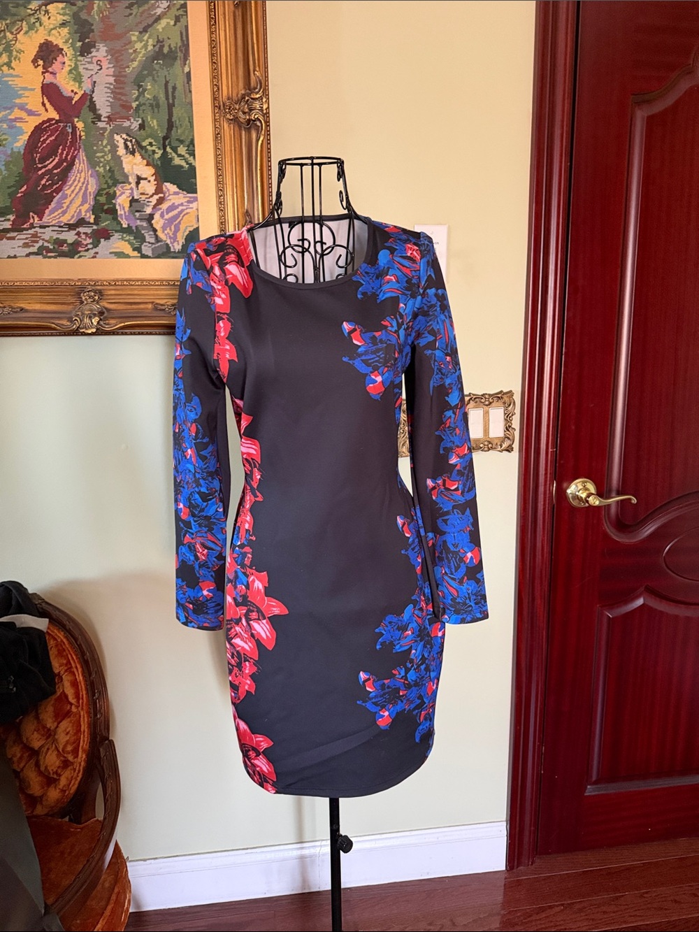 Black Floral Sheath Dress with Red & Blue Accents